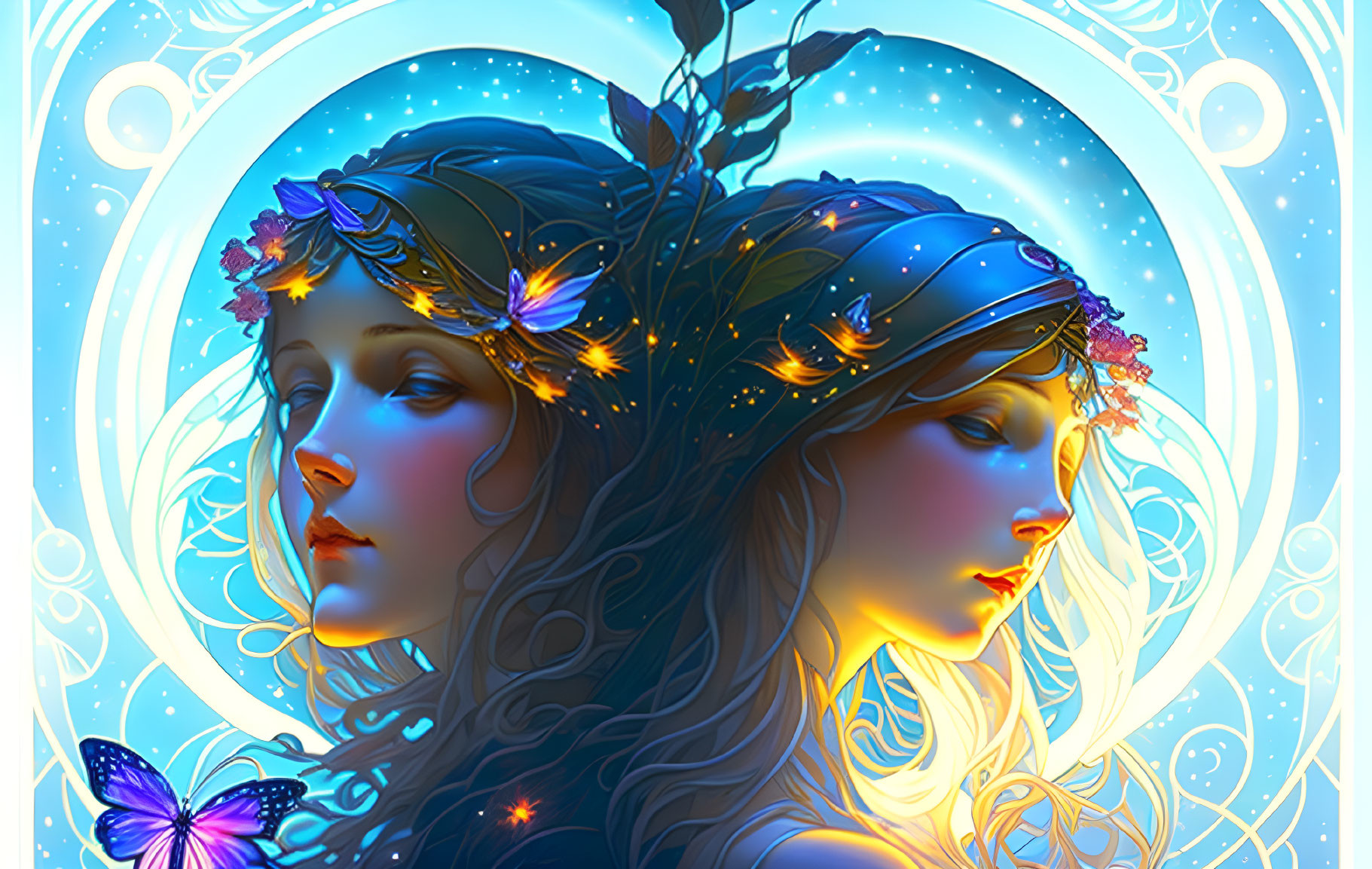 Ethereal women with ornate headdresses in luminous blue ambiance