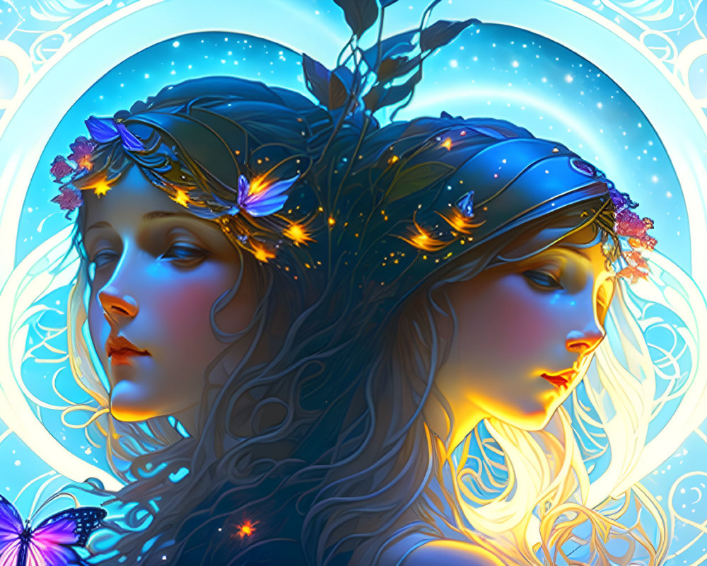 Ethereal women with ornate headdresses in luminous blue ambiance
