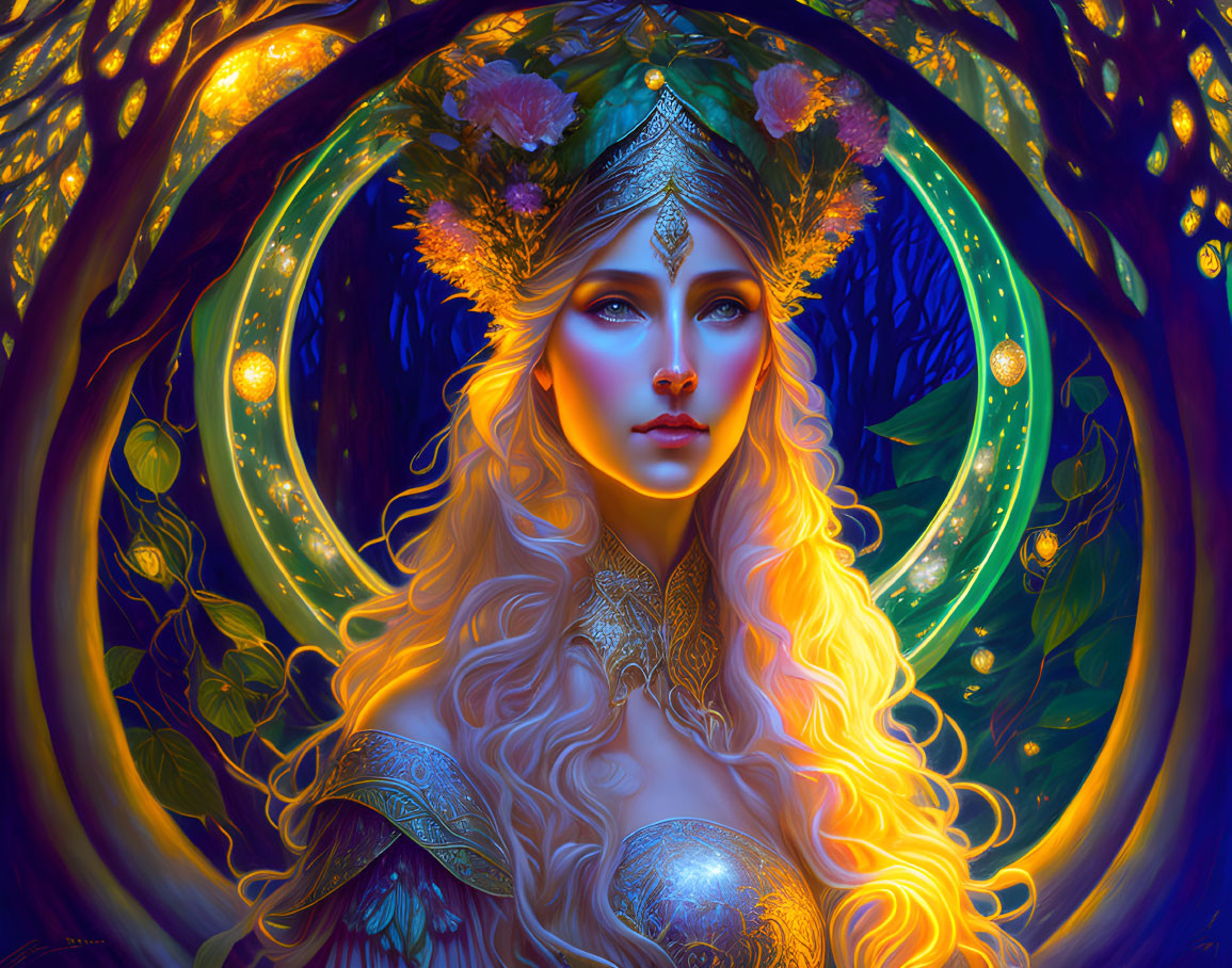 Golden-haired woman with ornate crown in enchanted forest with glowing orbs