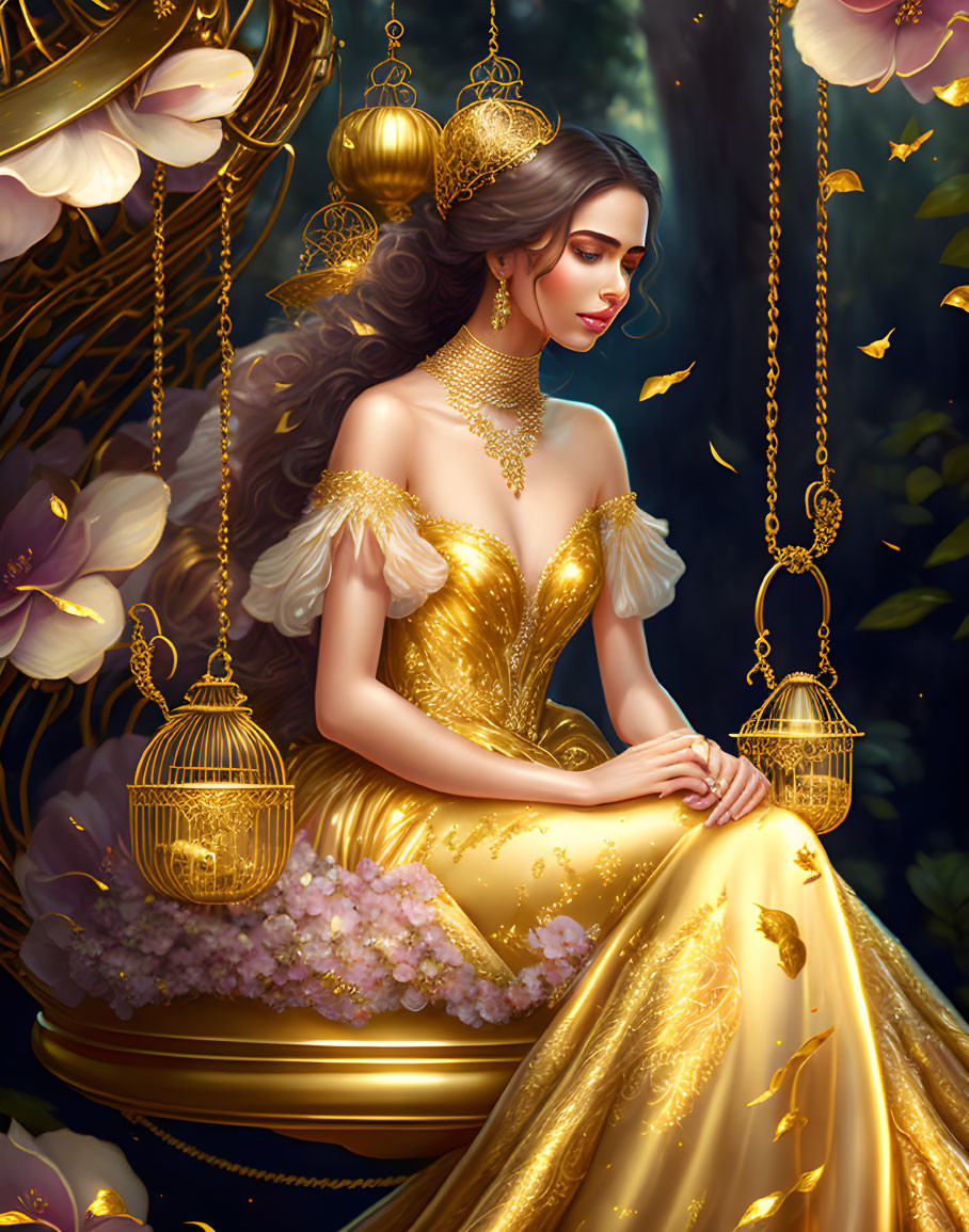 Regal woman in golden dress among birdcages and blossoms