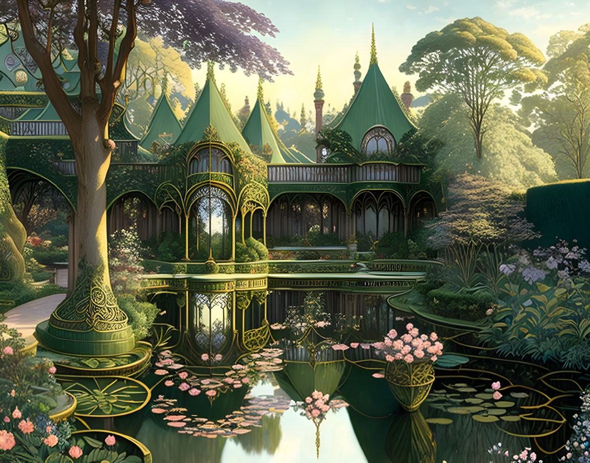 Elven palace and garden with pond