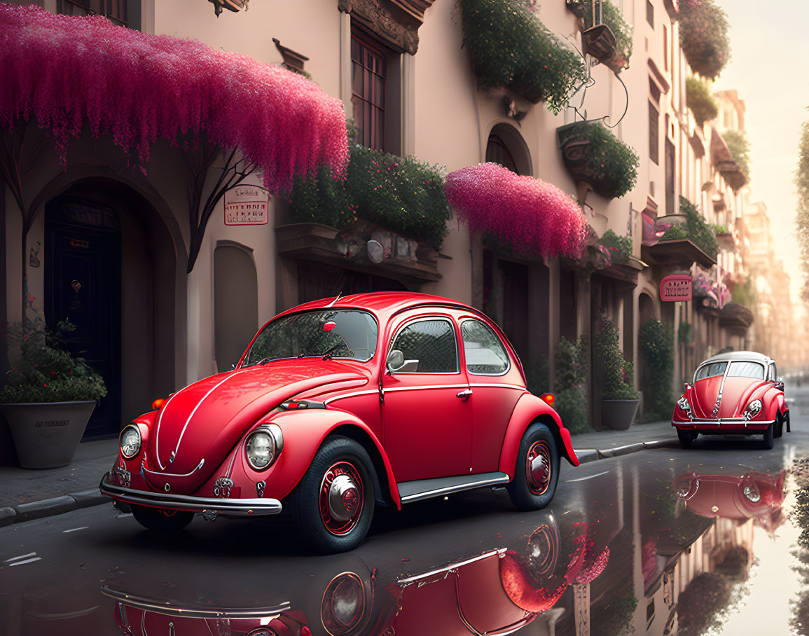 Vintage Red Volkswagen Beetle on Cobblestone Street with Purple Trees