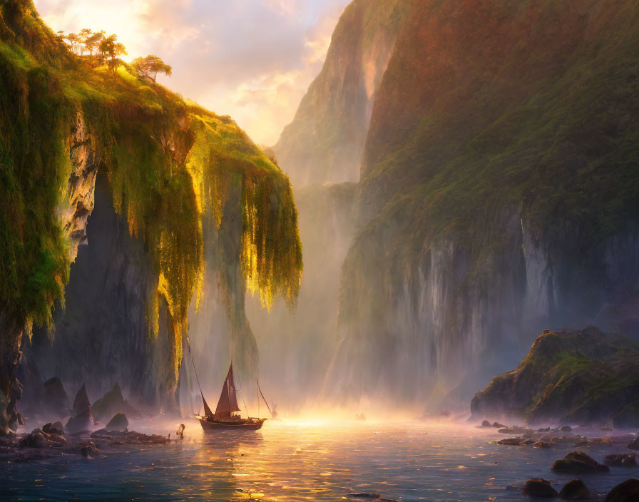 Sailboat in misty valley with waterfall cliffs