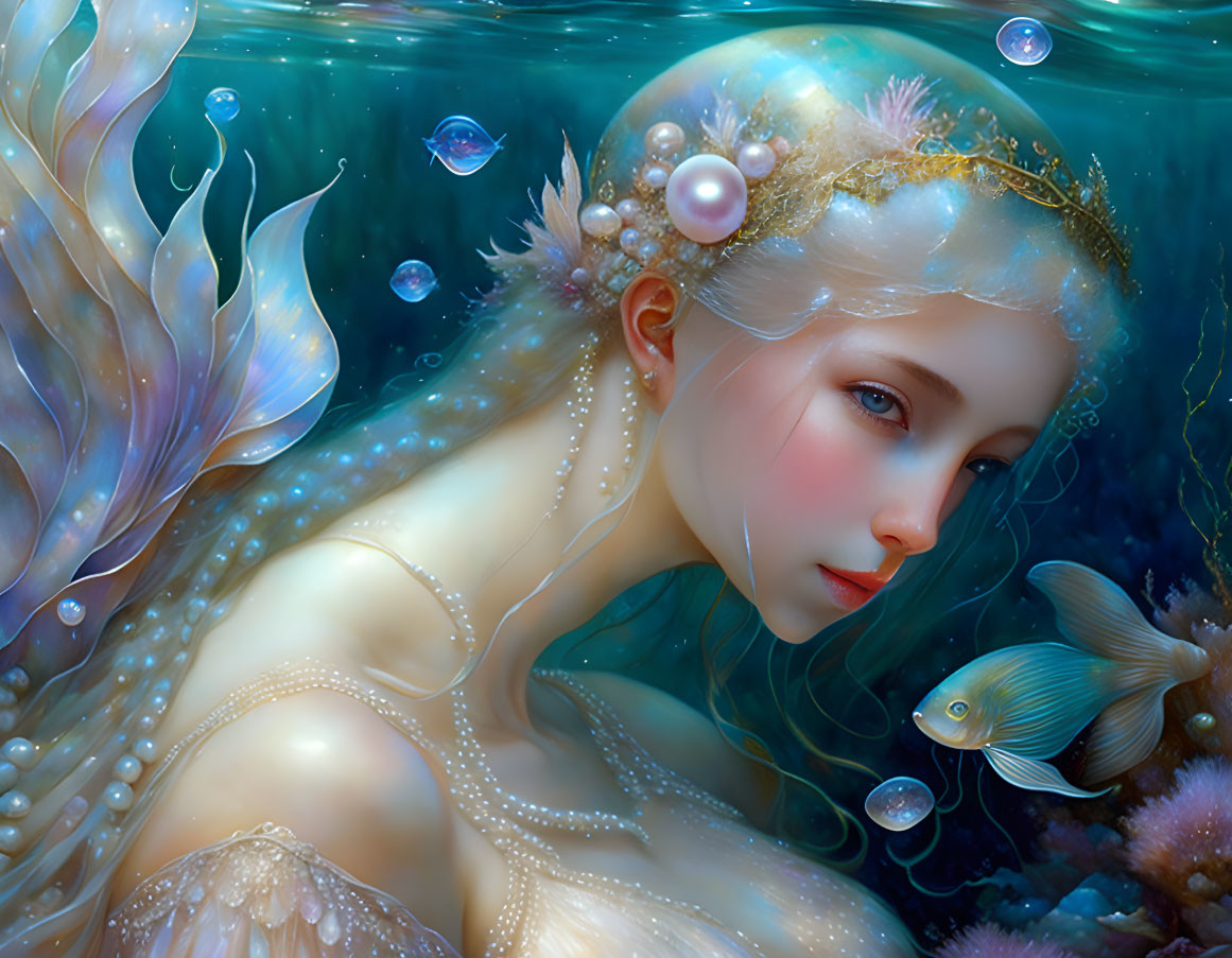 Ethereal underwater scene with pearl-adorned mermaid, bubbles, and fish