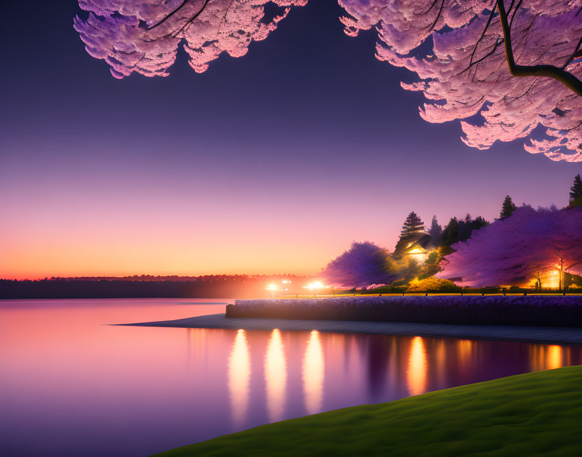 Tranquil waterside dusk scene with pink cherry blossoms, serene lake, lit pathway, colorful