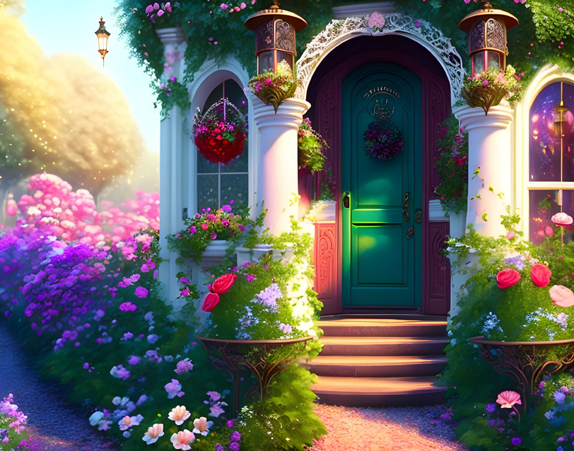 Turquoise door with wreath, white columns, pink and white flowers, and glowing street lamp.