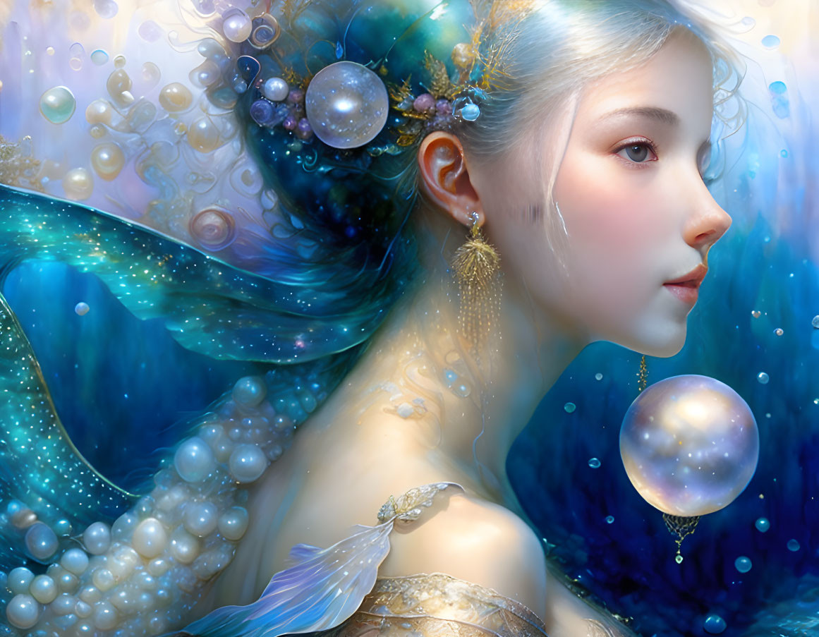 Shimmering pearl-adorned hair on ethereal feminine figure
