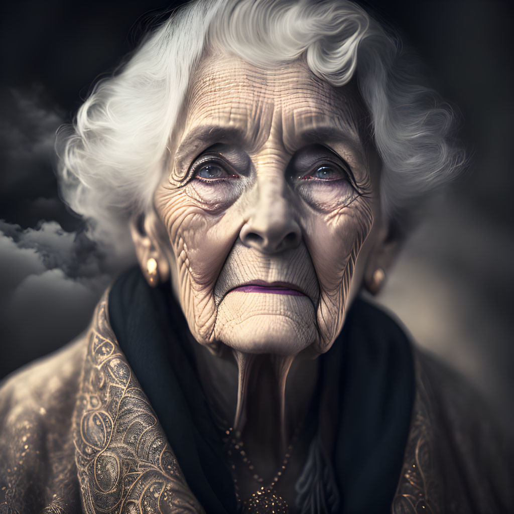 Elderly woman with white hair and deep wrinkles wearing a patterned shawl