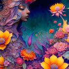 Colorful digital artwork: Woman with floral hair surrounded by intricate flowers on cool background