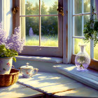 Tranquil windowsill still life with teapot, cup, basket, and plant in sunny garden