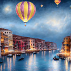 Colorful hot air balloons over twilight Venice Grand Canal.