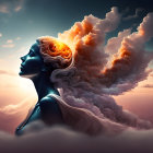 Surreal image: Woman's profile with cloud hair and bird in sky