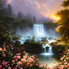 Tranquil landscape with waterfall, pink roses, and sunset sky