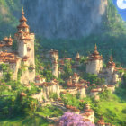 Enchanted golden-roofed castles in lush fantasy landscape