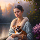 Woman with small dog by blossoming flowers, sunset, and castle-like buildings