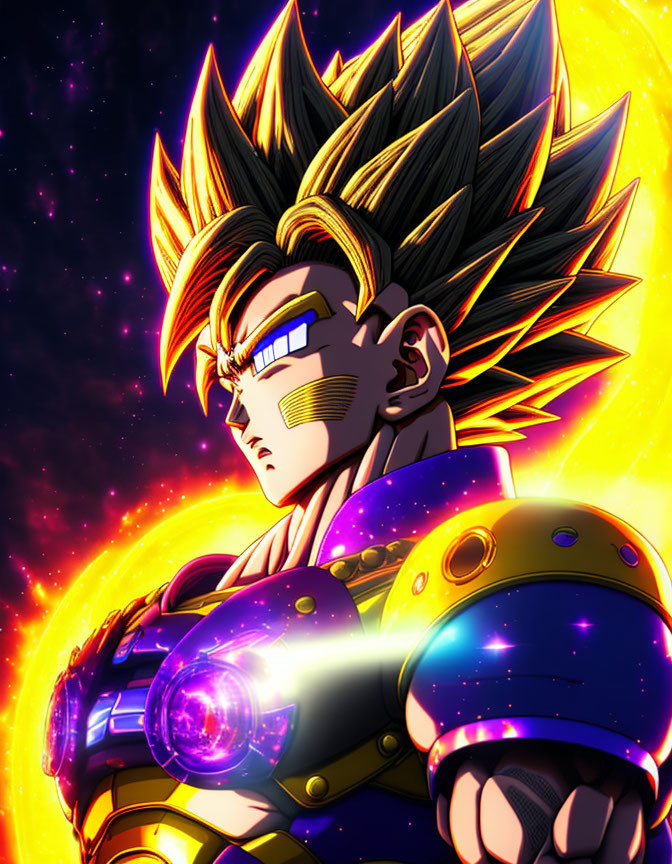 Muscular anime character in armor with spiky hair, glowing in cosmic scene
