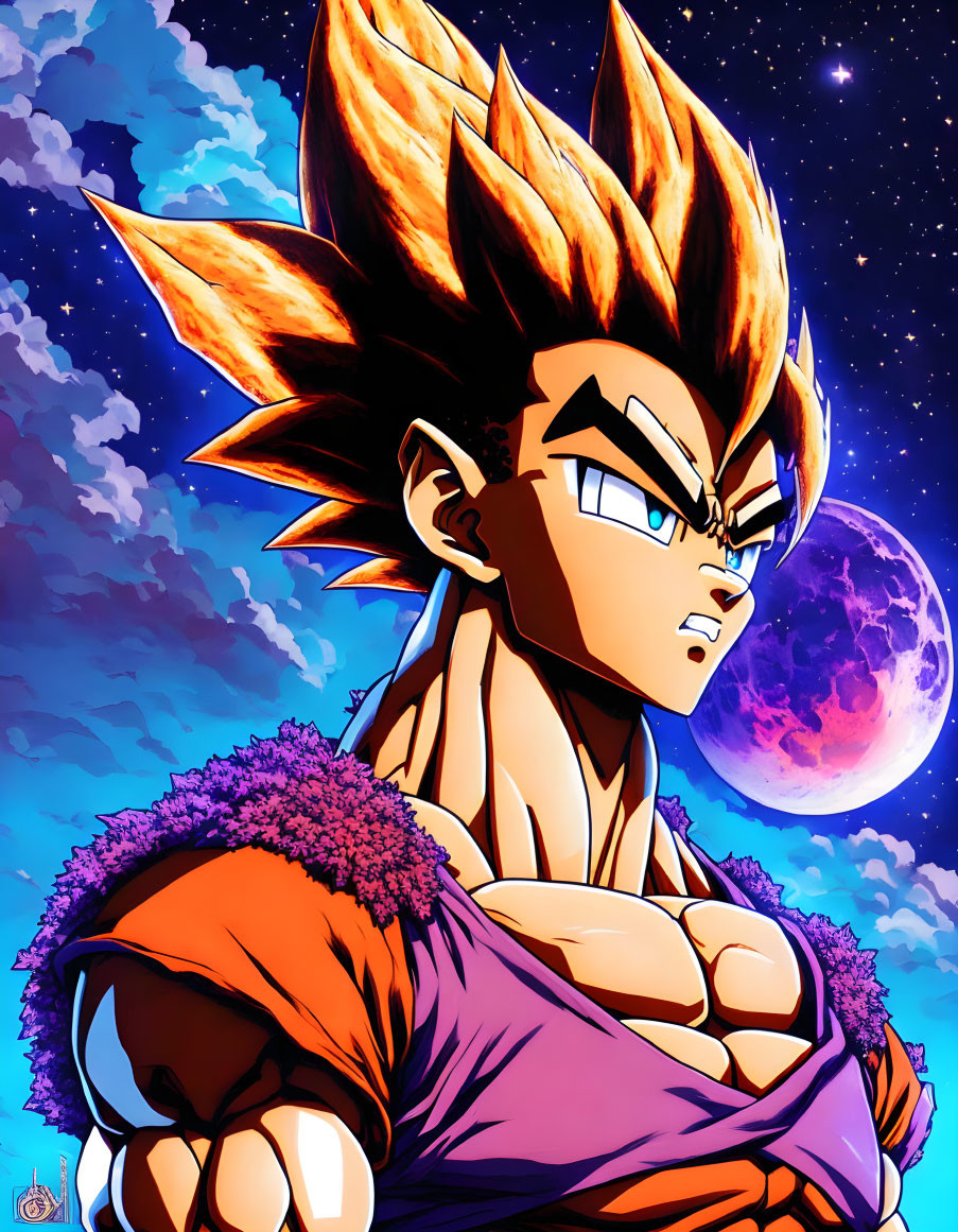 Muscular anime character with golden hair in purple outfit on cosmic background