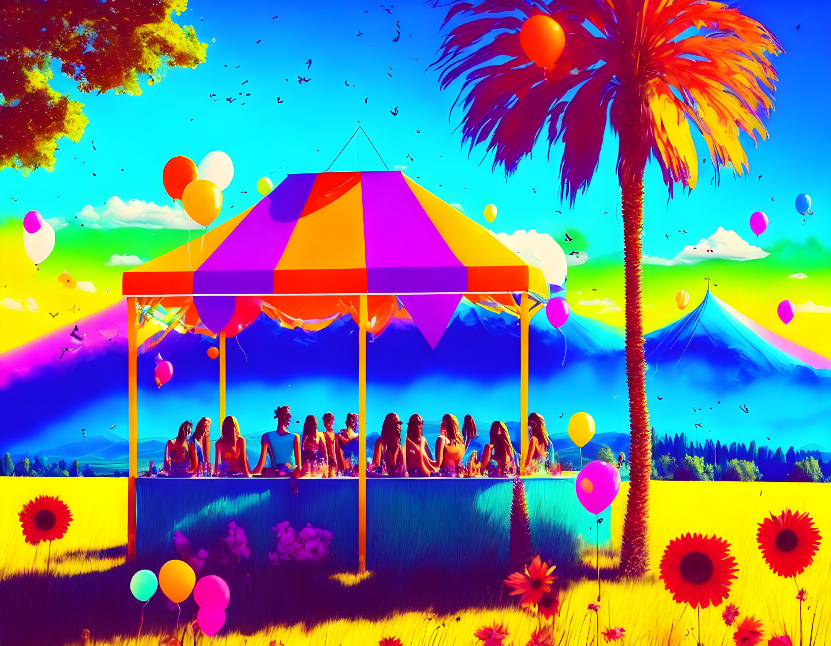 Colorful surreal artwork featuring people under tent, mountains, sunflowers, palm trees, and floating balloons