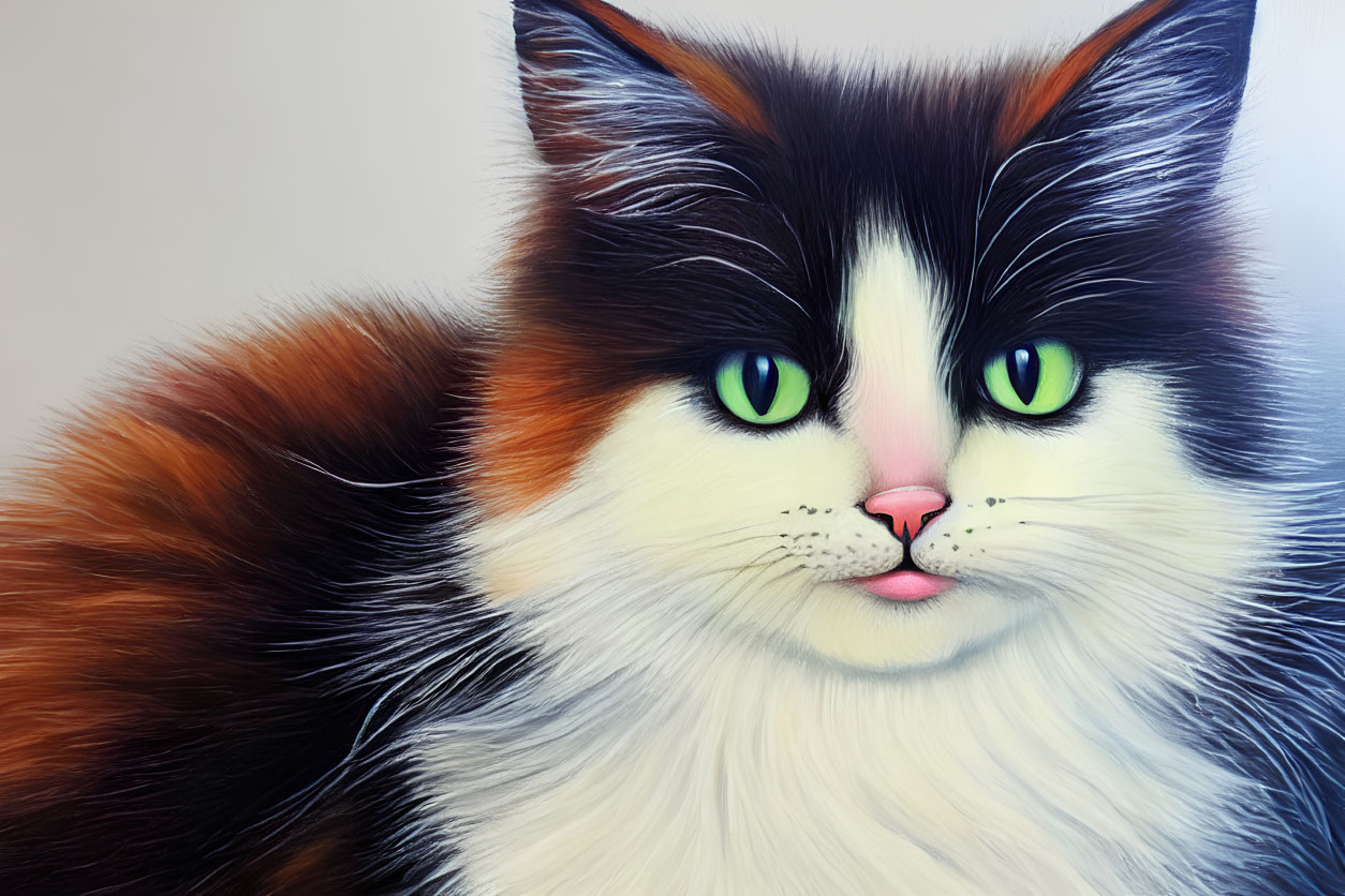 Fluffy calico cat with green eyes and pink nose close-up