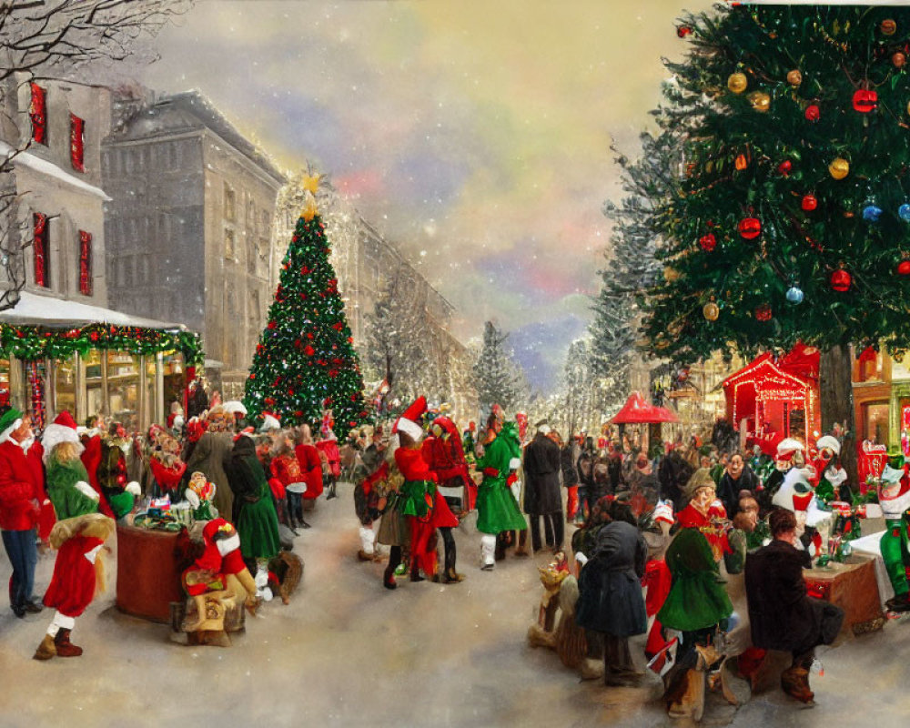 Vibrant Christmas Market Scene with Festive Attire and Snow-covered Street
