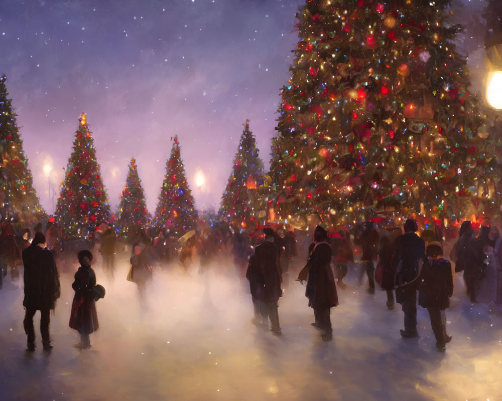 Winter Wonderland: Festive Scene with Christmas Trees and Snowfall