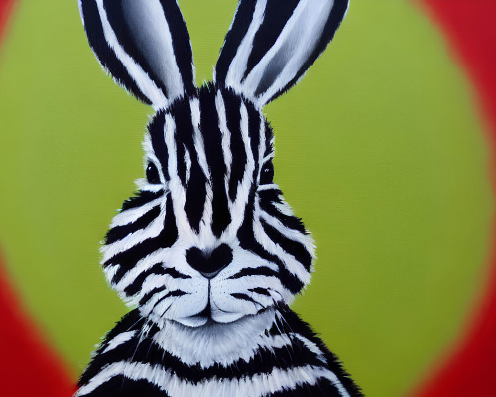 Rabbit with zebra-like stripes on colorful backdrop