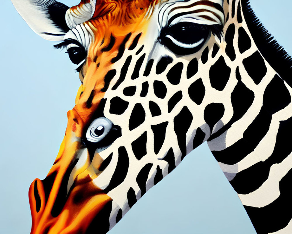 Vibrant giraffe portrait with intricate patterns on neck.