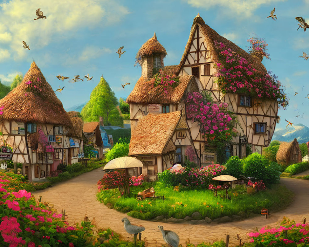 Picturesque rural village with thatched-roof cottages, floral landscapes, and soaring birds.
