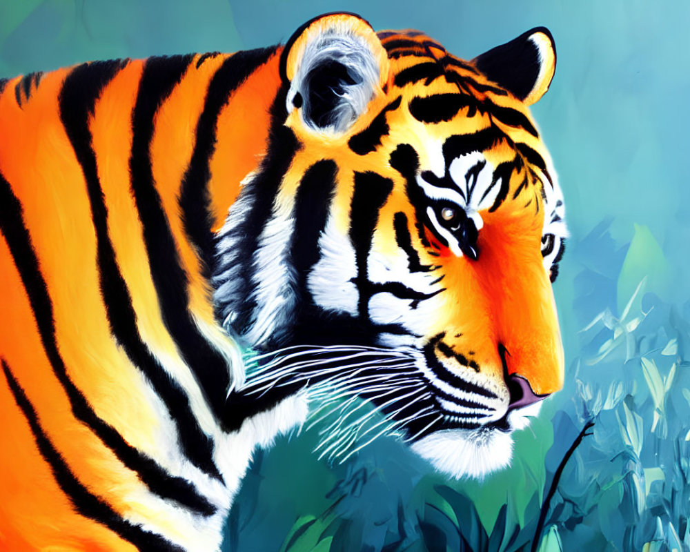 Colorful Tiger Painting with Striking Stripes on Blue and Green Background