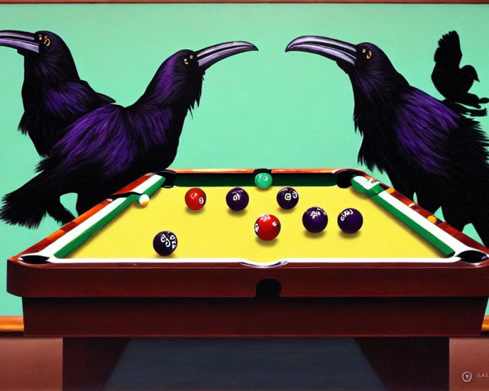 Three ravens on a pool table with colorful balls - greenish backdrop