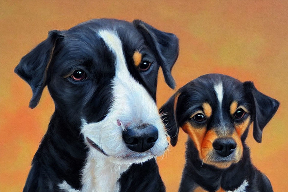 Two Dogs Painting: Large Black & White Dog with Smaller Puppy