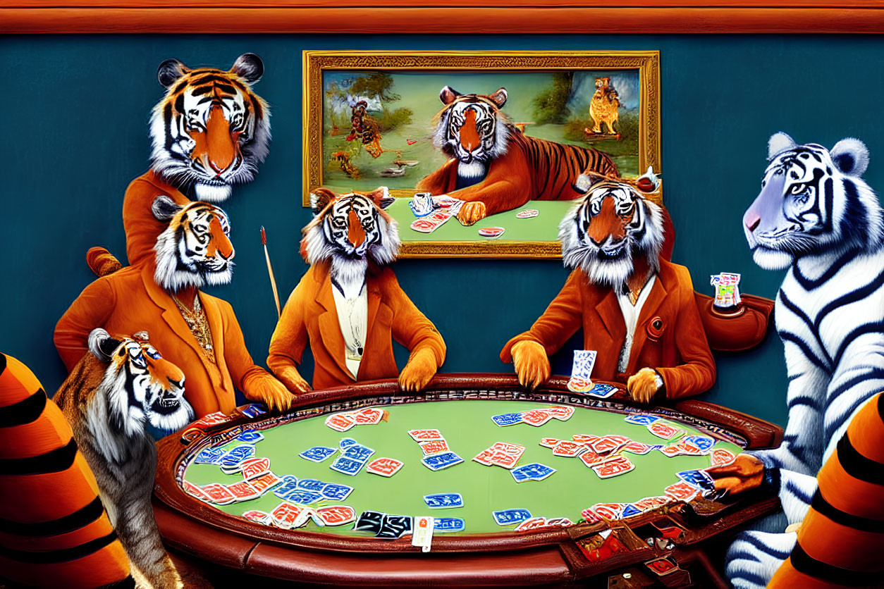 Tiger-themed poker game with anthropomorphic characters in suits