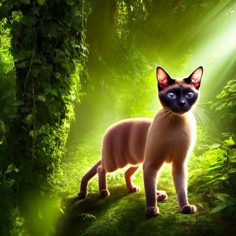 Siamese Cat with Blue Eyes in Green Forest Setting