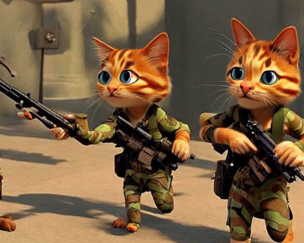 Animated cats in military gear with rifles on a mission.
