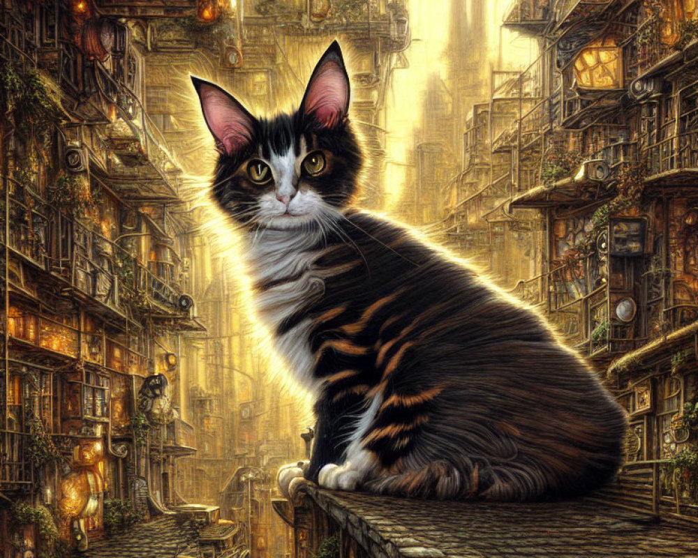 Detailed cat in fantastical cityscape with glowing lights
