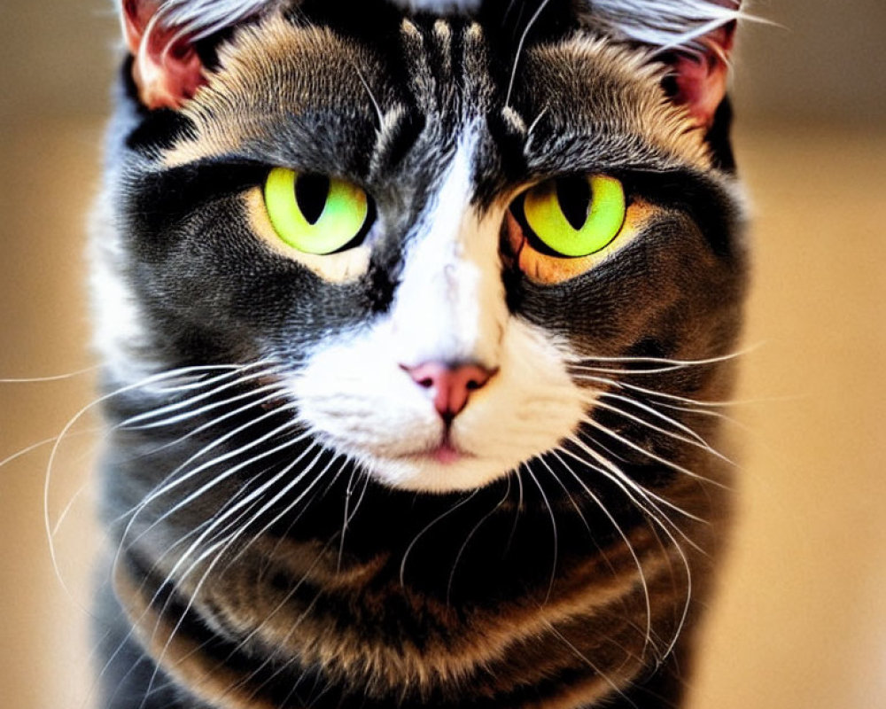 Black and Grey Striped Cat with Green Eyes and Pink Nose Close-Up