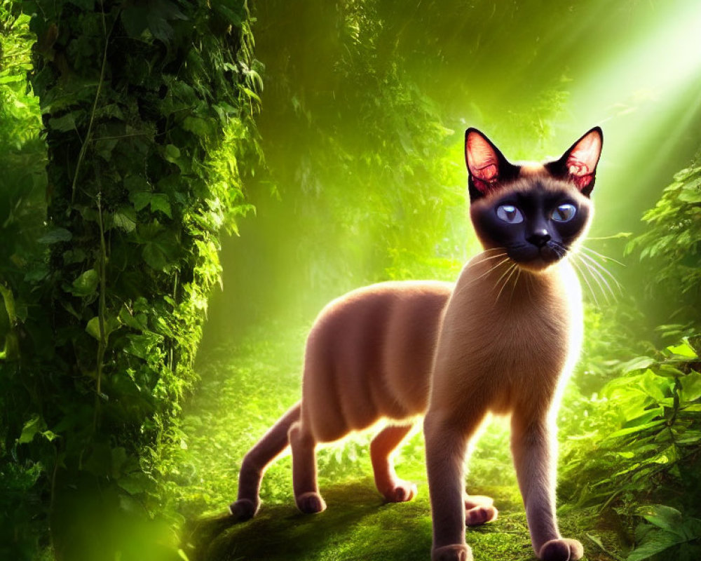 Siamese Cat with Blue Eyes in Green Forest Setting
