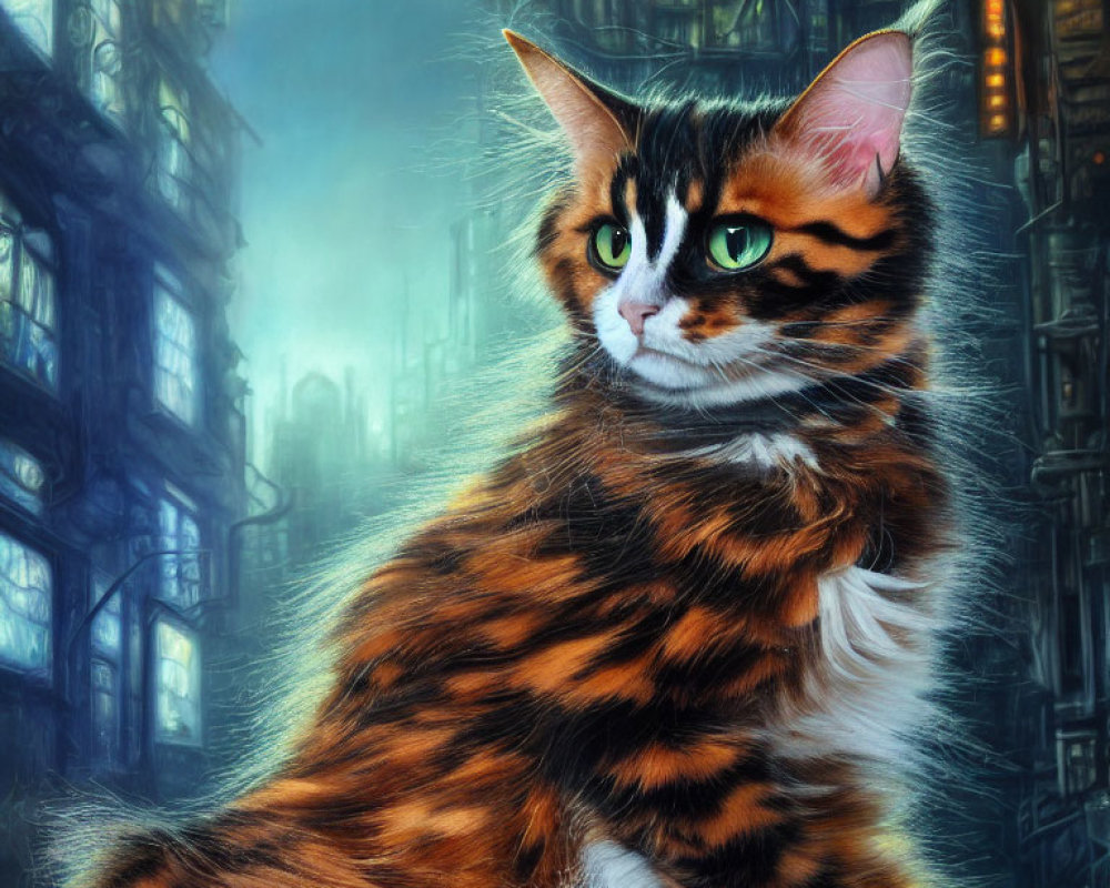 Majestic cat with amber eyes in dystopian cityscape