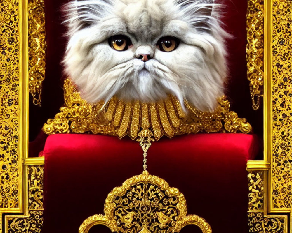 Regal Persian cat on red and gold throne with stern expression