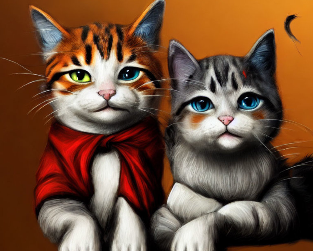Two animated cats with human-like eyes on orange background