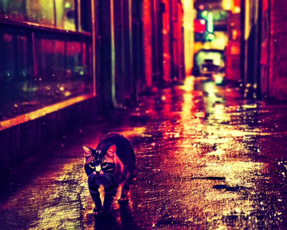 Cat walking on wet, reflective street at night with city lights glow