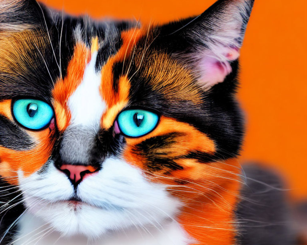 Colorful Calico Cat with Vibrant Blue Eyes on Orange Background