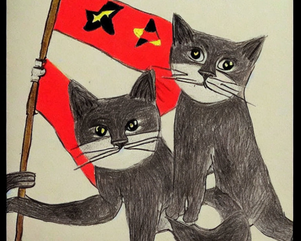 Animated cats holding red flag with stars in protest theme