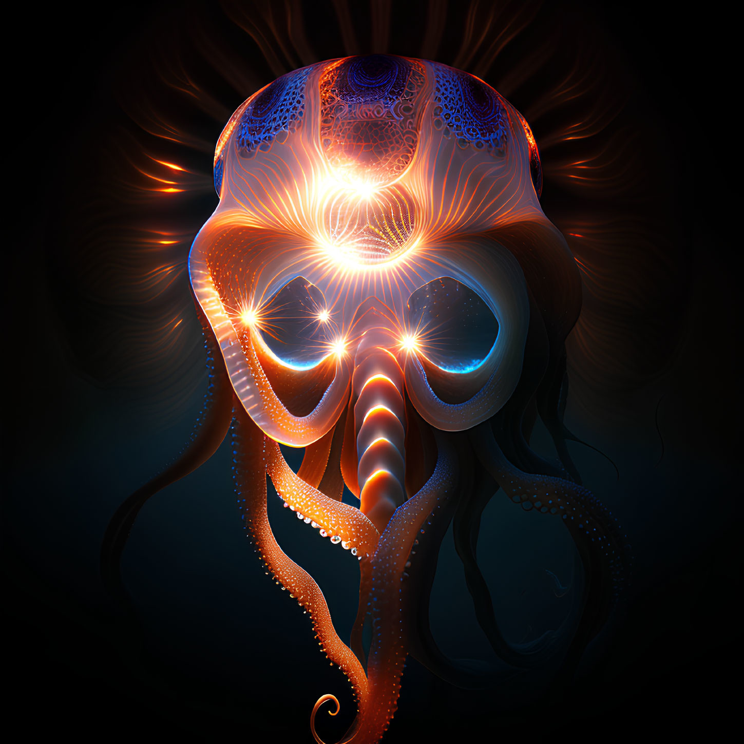 Vibrant octopus digital artwork in blue and orange on dark background