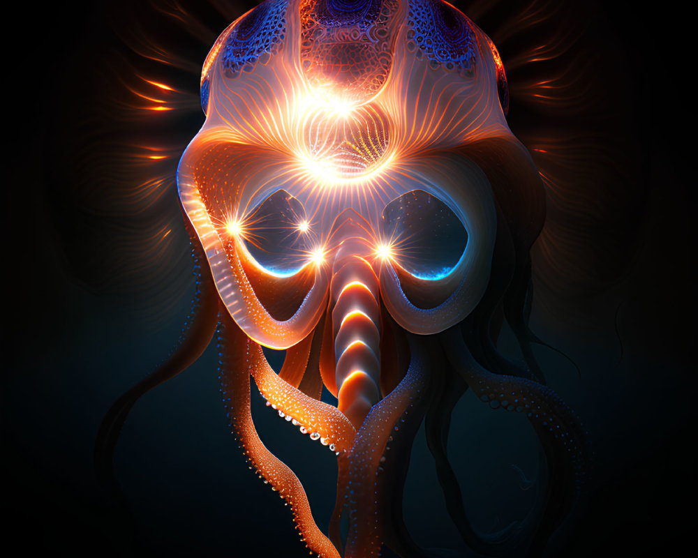 Vibrant octopus digital artwork in blue and orange on dark background