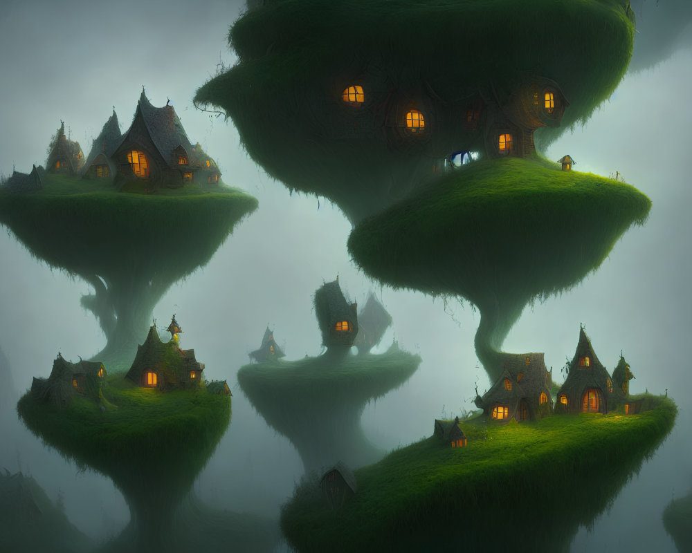 Floating Islands with Cozy Cottages in Twilight Mist