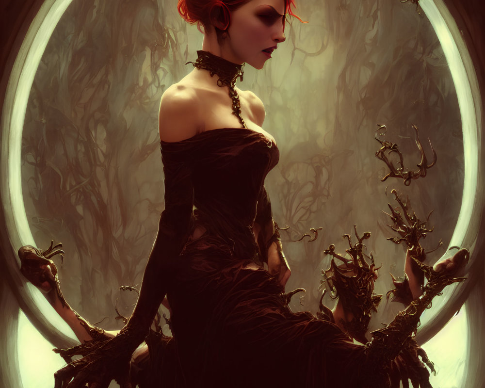 Red-haired woman in gothic dress surrounded by twisted tree branches.