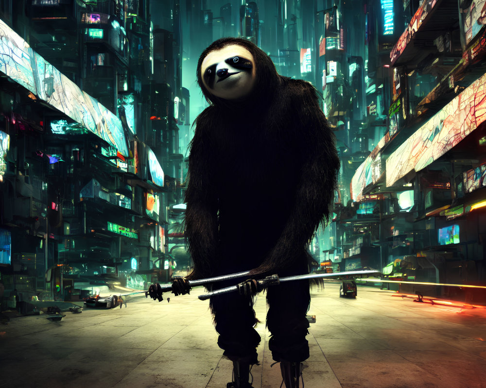 Person in sloth costume with samurai sword in neon-lit futuristic cityscape.