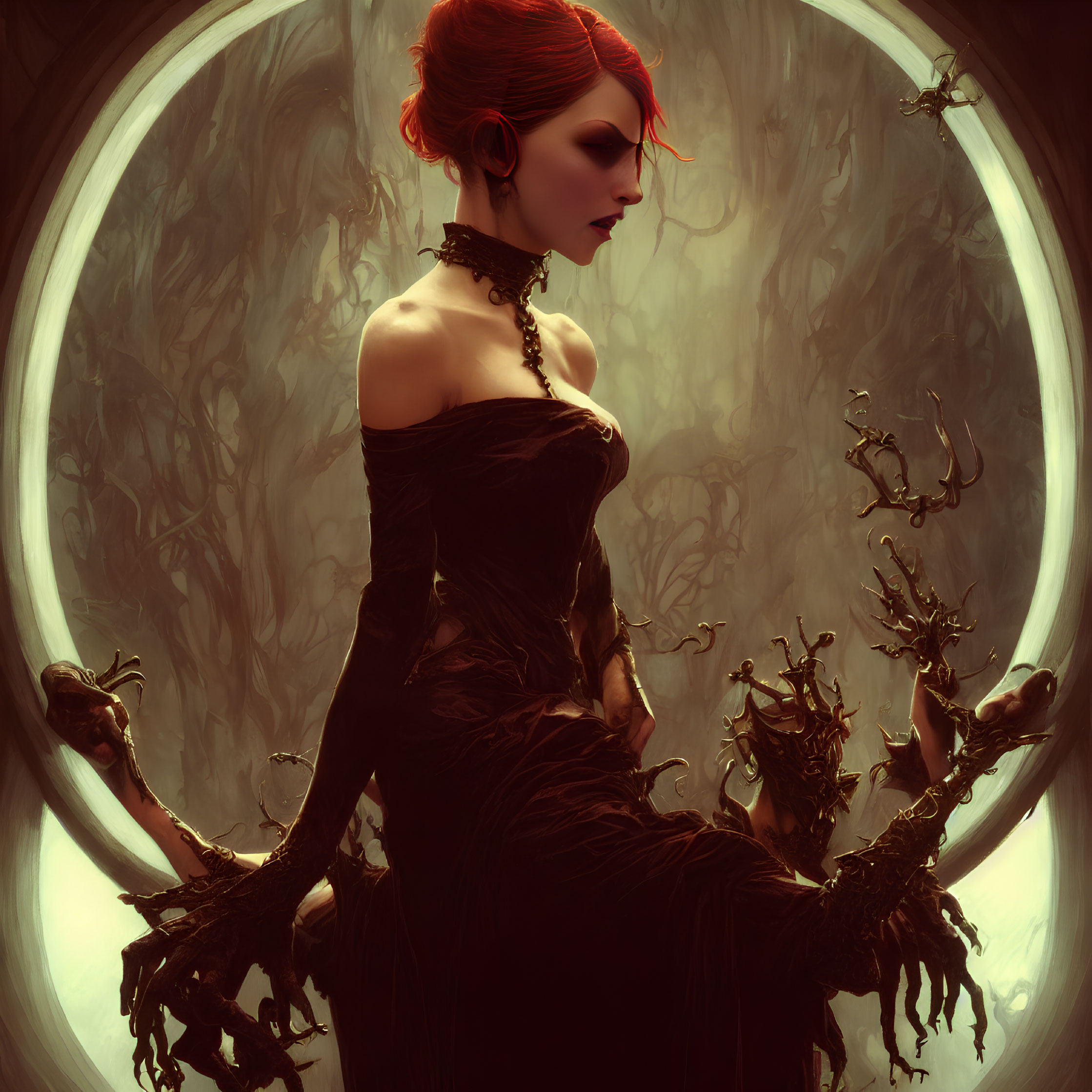 Red-haired woman in gothic dress surrounded by twisted tree branches.