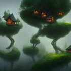 Floating Islands with Cozy Cottages in Twilight Mist